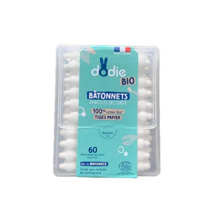 Boîte de 60 coton-tiges de sécurité Dodie en coton bio pour l'hygiène des oreilles de bébé au Maroc
