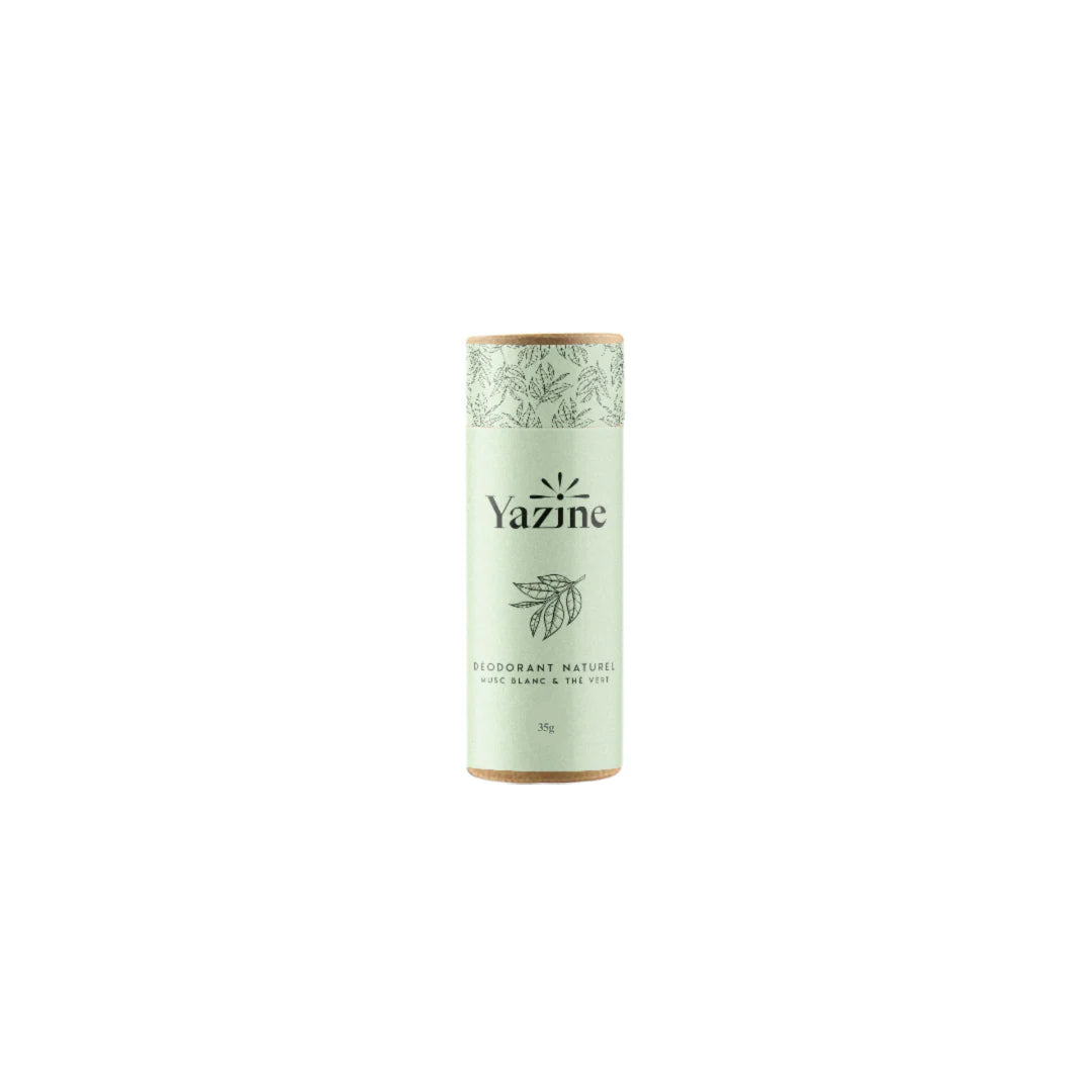 Déodorant naturel Yazine microcristaux d’argent parfum Musc Blanc et Thé Vert – disponible chez Nanou’s House Maroc