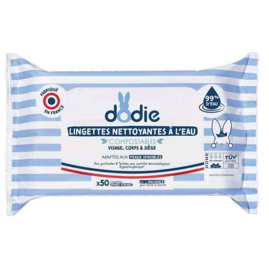 Lingettes Bébé à l'Eau Dodie 3-en-1 (Visage, Mains, Siège) - Paquet 50 lingettes