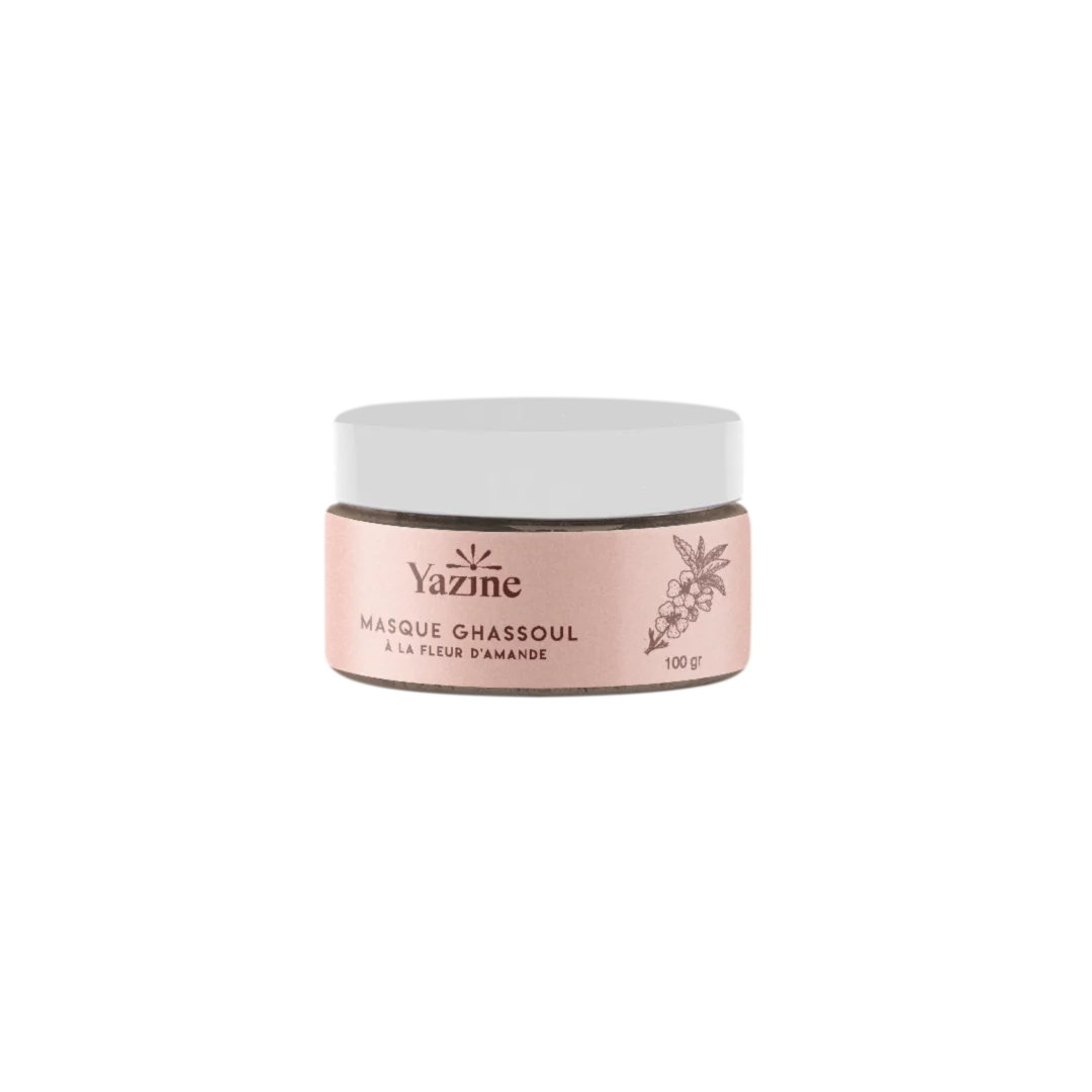 Masque Ghassoul Yazine à la fleur d’amande – Purifie et lisse cheveux et corps – Nanou’s House Maroc