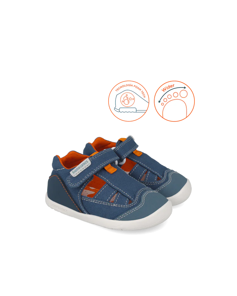 Sandale bébé premiers pas en toile bleue – Biomecanics – chaussures ergonomiques garçon – Nanou’s House Maroc