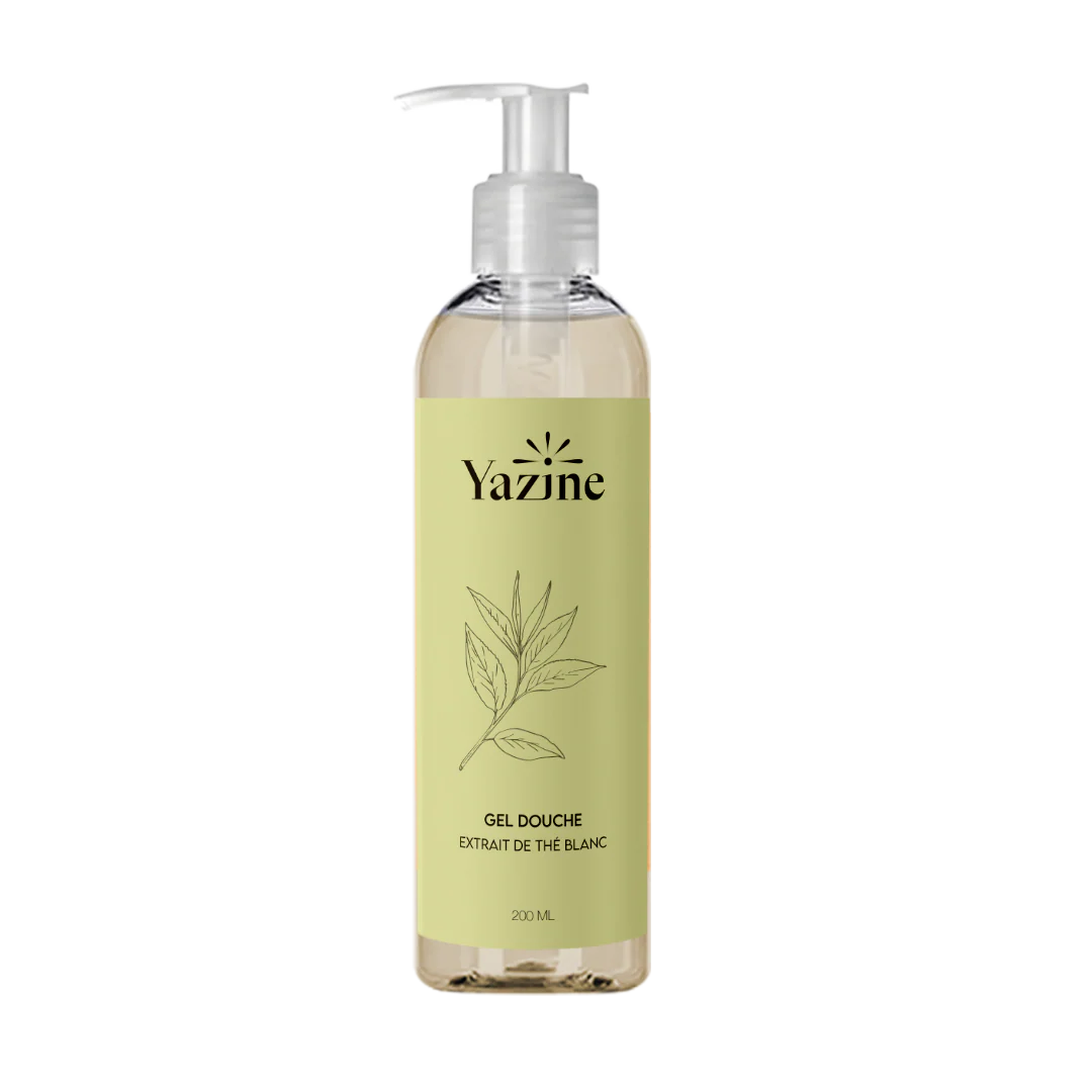 Gel douche Yazine au thé blanc et concombre – soin naturel rafraîchissant disponible chez Nanou’s House Maroc