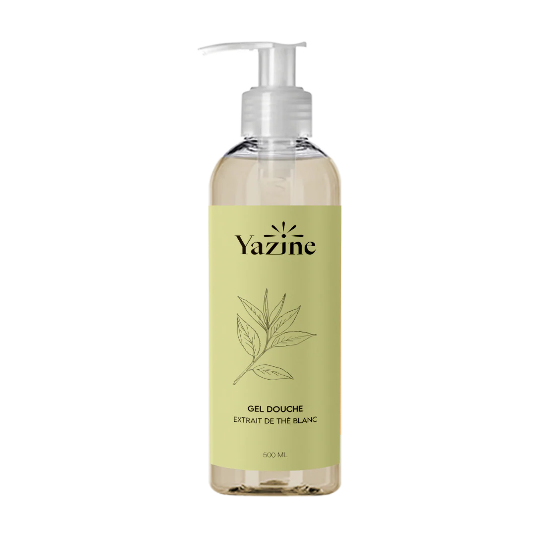 Gel douche Yazine au thé blanc et concombre – soin naturel rafraîchissant disponible chez Nanou’s House Maroc