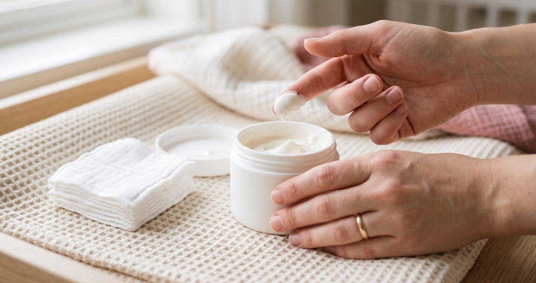 Application d'une crème apaisante à l'oxyde de zinc lors du change d'un bébé