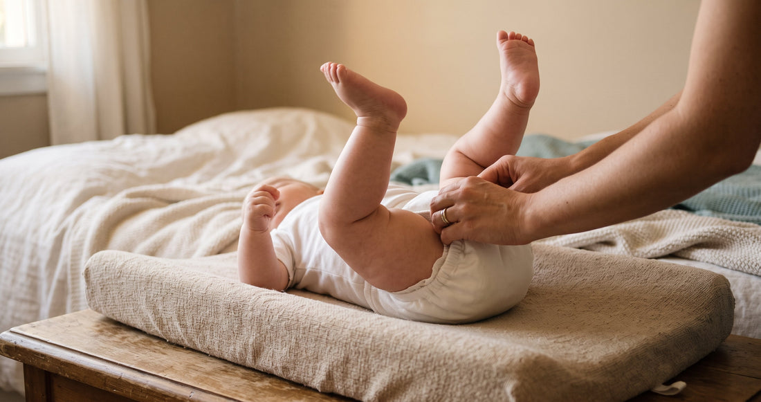 Change d'un bébé sur le tapis à langer : ajustement de la couche au niveau de la cuisse