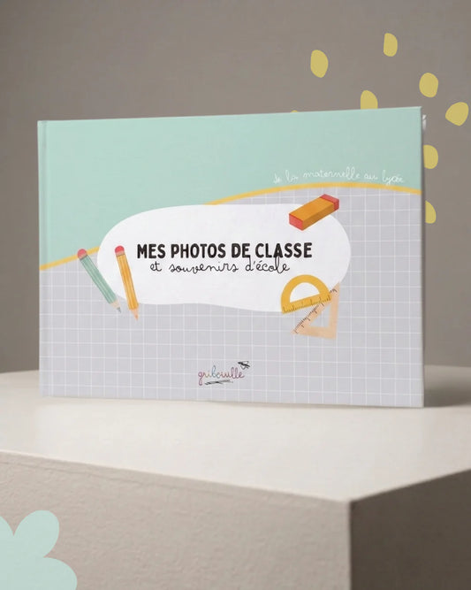 Couverture de l'album photos de classe et souvenirs d'école Gribouille disponible chez Nanou's House.