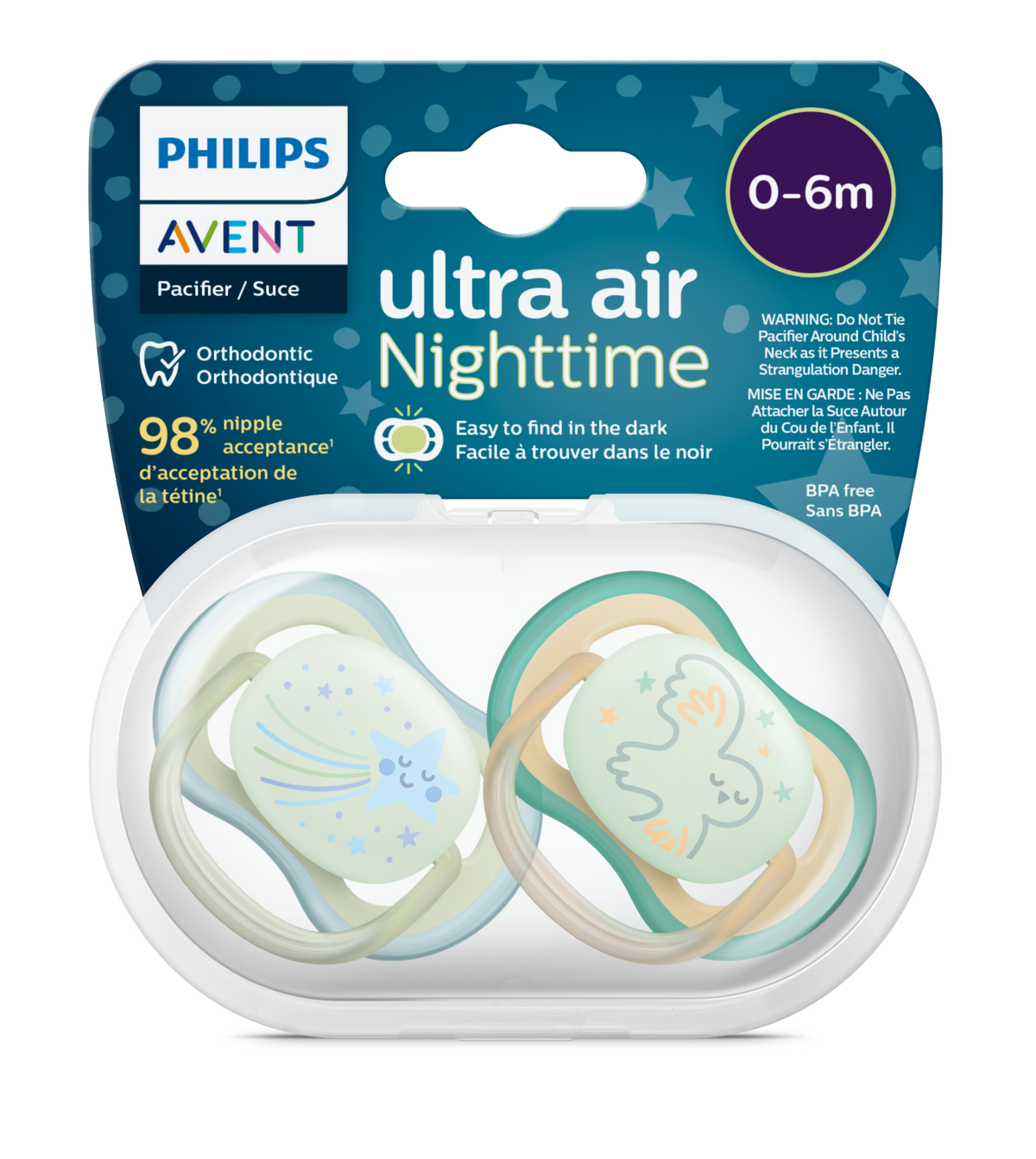 Philips Avent Sucette Ultra Air Nighttime 0-6 mois Garçon SCF376/18 - lot de 2