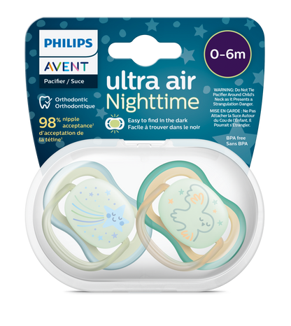 Philips Avent Sucette Ultra Air Nighttime 0-6 mois Garçon SCF376/18 - lot de 2