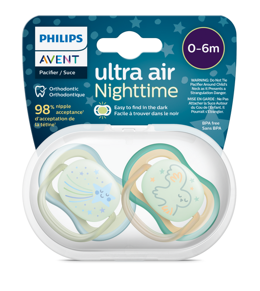 Philips Avent Sucette Ultra Air Nighttime 0-6 mois Garçon SCF376/18 - lot de 2
