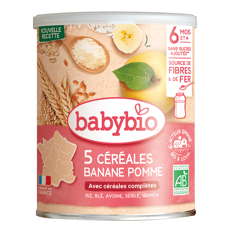Boîte Babybio 5 céréales banane pomme bio 220g dès 6 mois | Nanou's House