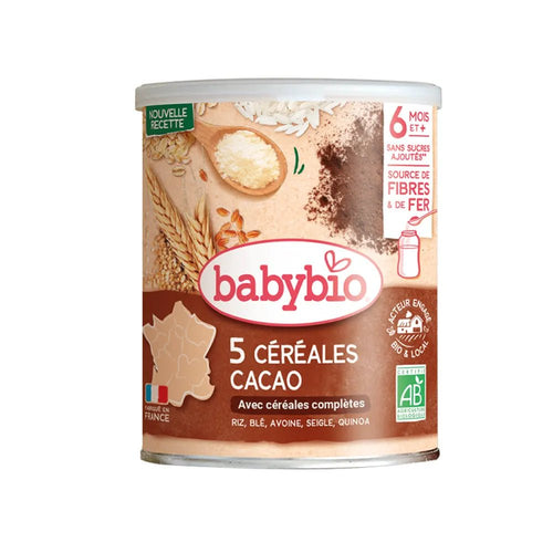 Boîte Babybio 5 céréales cacao bio 220g dès 6 mois | Nanou's House
