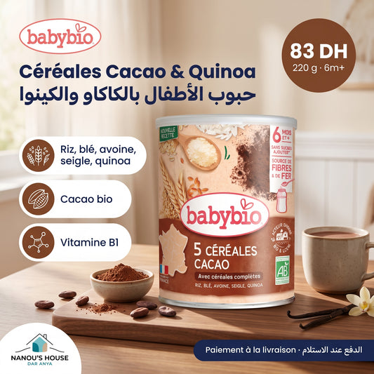 Babybio 5 céréales cacao bio 220g dès 6 mois – prix et paiement à la livraison | Nanou's House