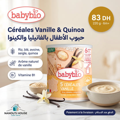 Babybio 5 céréales vanille bio 220g dès 6 mois – prix et paiement à la livraison | Nanou's House