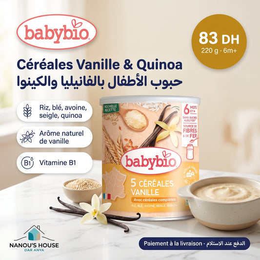 Babybio 5 céréales vanille bio 220g dès 6 mois – prix et paiement à la livraison | Nanou's House