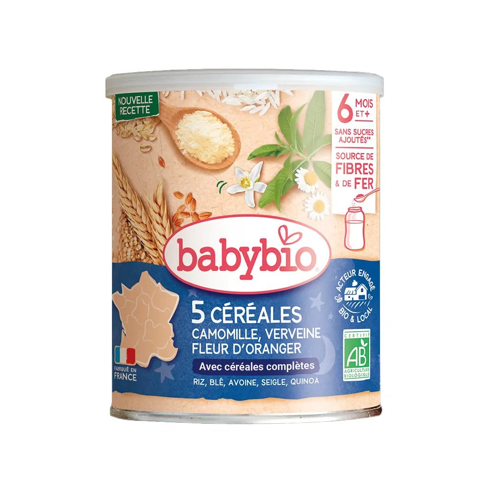 Boîte Babybio 5 céréales verveine, fleur d'oranger et camomille bio 220g dès 6 mois | Nanou's House
