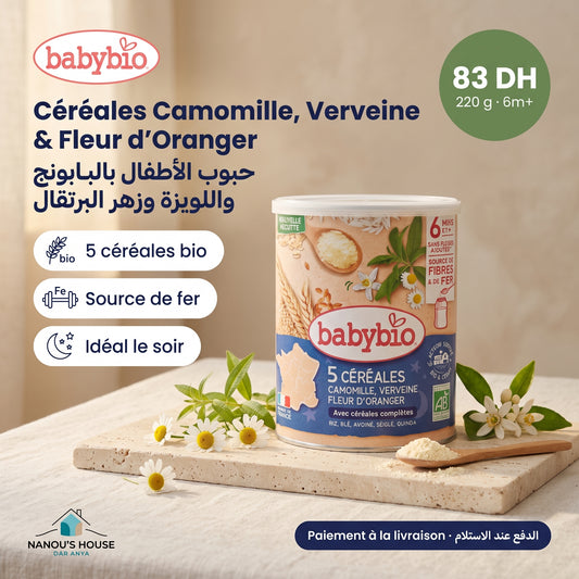Babybio 5 céréales verveine, fleur d'oranger et camomille bio 220g dès 6 mois – prix et paiement à la livraison | Nanou's House