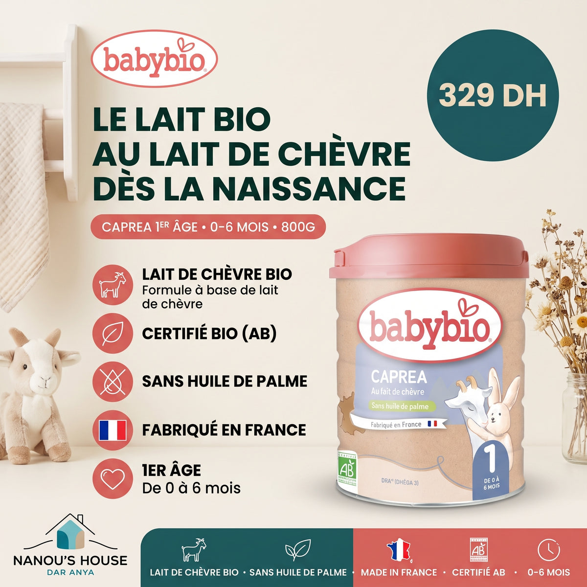 Babybio Caprea 2ème âge, lait de suite au lait de chèvre bio 6-12 mois 800g – prix et paiement à la livraison | Nanou's House