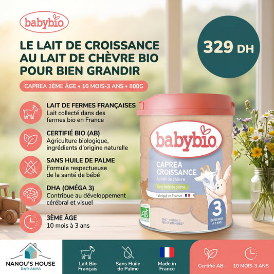 Babybio Caprea 3ème âge, lait de croissance au lait de chèvre bio 10 mois-3 ans 800g – prix et paiement à la livraison | Nanou's House
