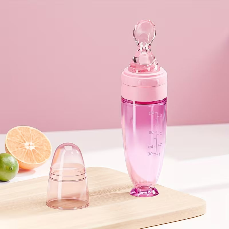 Biberon cuillère en silicone rose pour bébé, distributeur de purée avec base à ventouse - Nanou's House