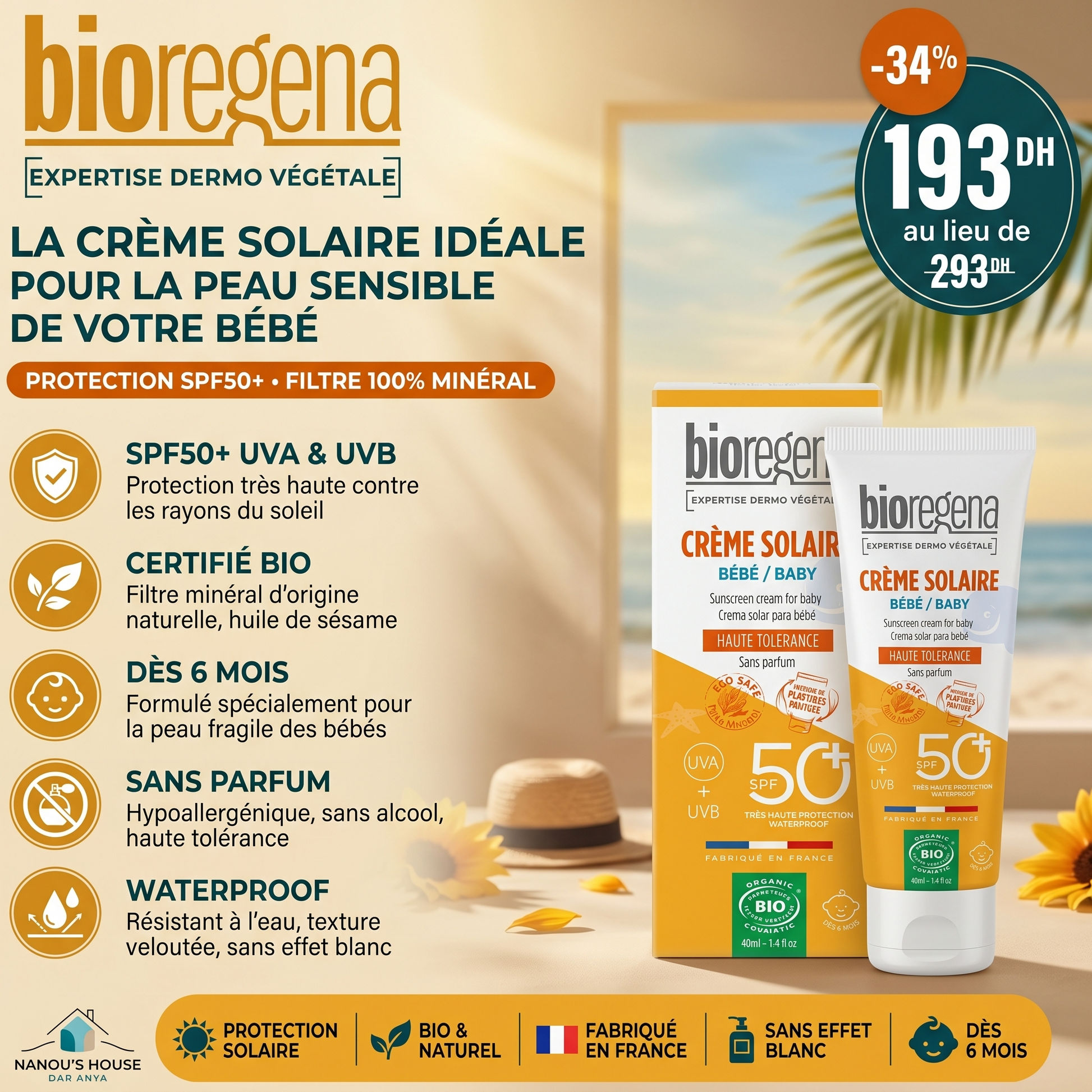 Bioregena Crème Solaire SPF50 Bébé - 40ml - Nanou's house - Bioregena