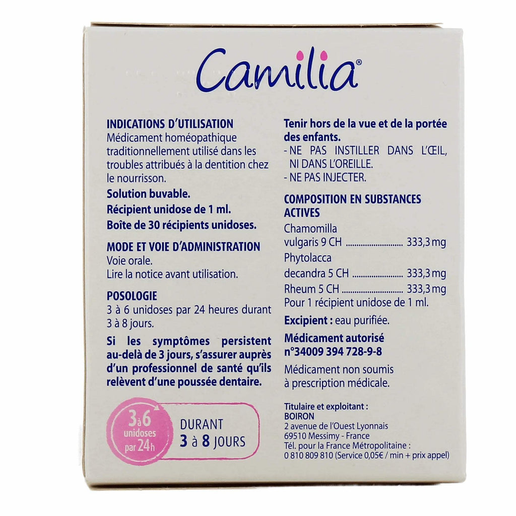 Dos de la boîte Camilia Boiron, composition et posologie