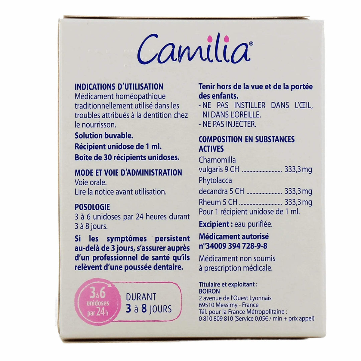 Dos de la boîte Camilia Boiron, composition et posologie