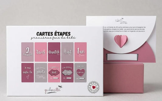Boîte de cartes étapes Mes premières fois pour bébé de la marque Gribouille, cadeau de naissance. Rose