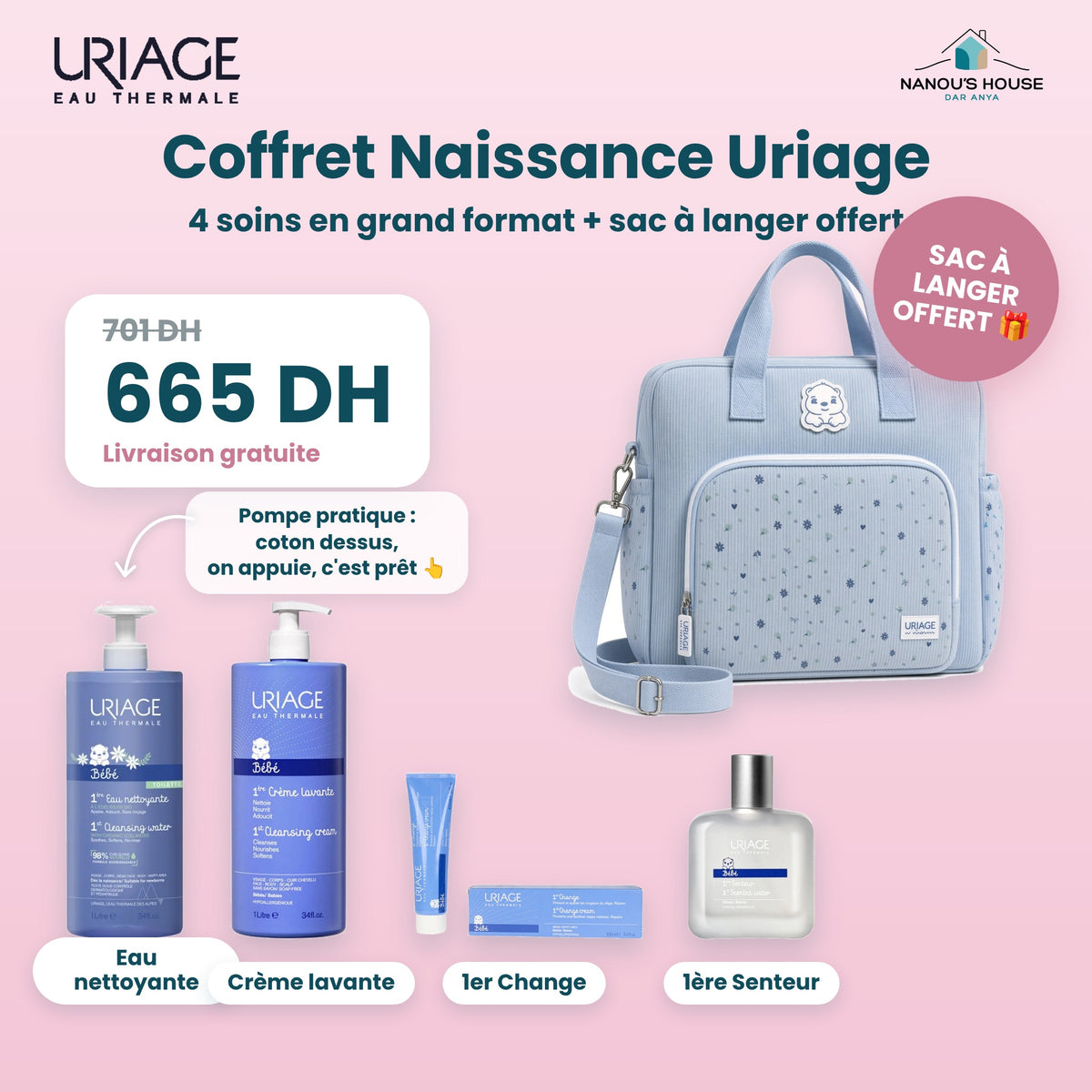 Coffret Naissance Uriage Bébé avec sac à langer offert – Eau nettoyante 1L, Crème lavante 1L, 1er Change, 1ère Senteur – Nanou's House Maroc