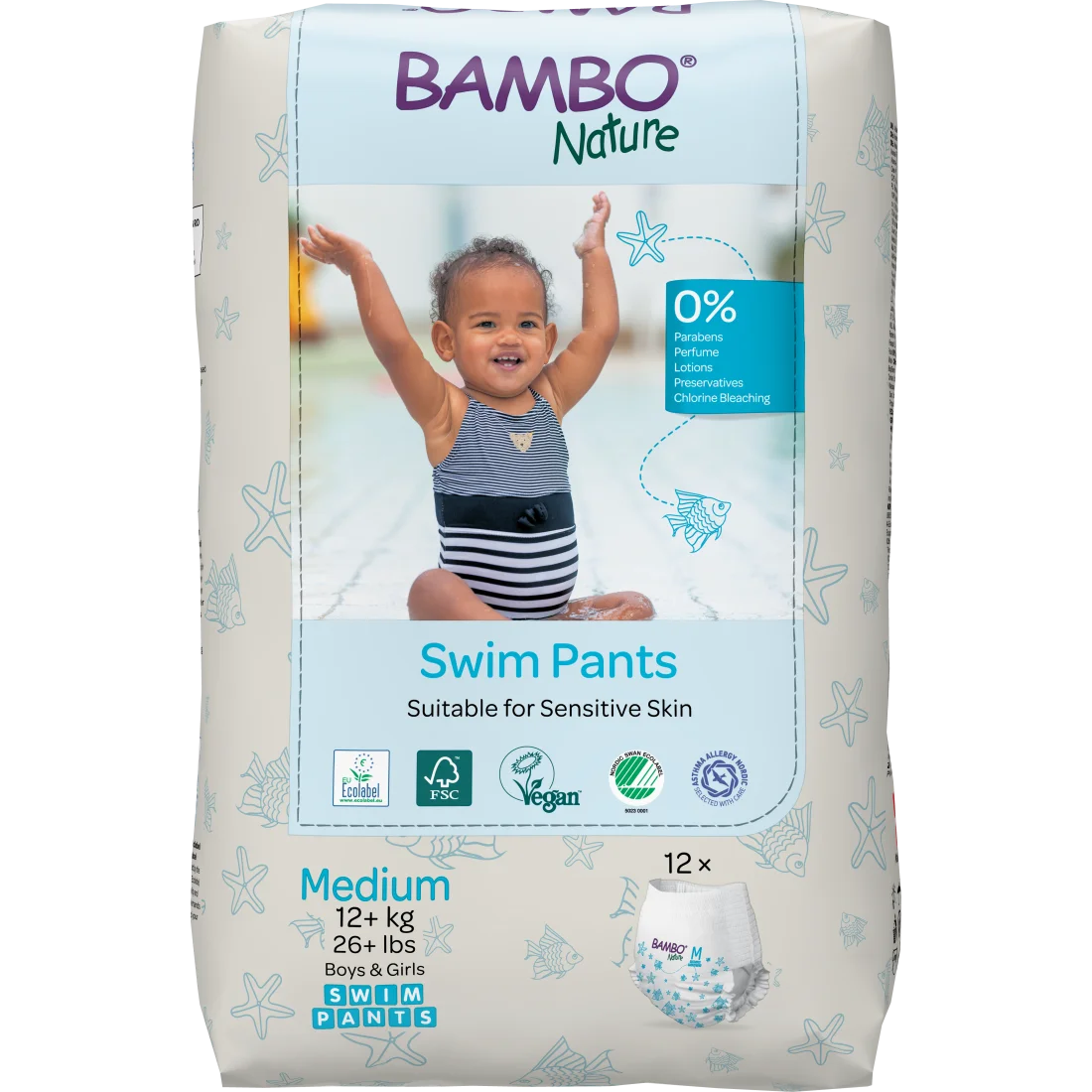 Couches de piscine écologiques Bambo Nature Taille M 12kg+ pour bébé – Paquet de 12 couches de bain
