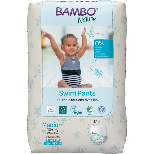 Couches de piscine écologiques Bambo Nature Taille M 12kg+ pour bébé – Paquet de 12 couches de bain