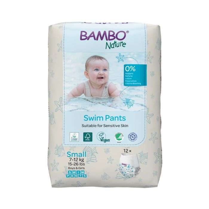 Couches de piscine écologiques Bambo Nature Taille S 7-12kg pour bébé – Paquet de 12 couches de bain