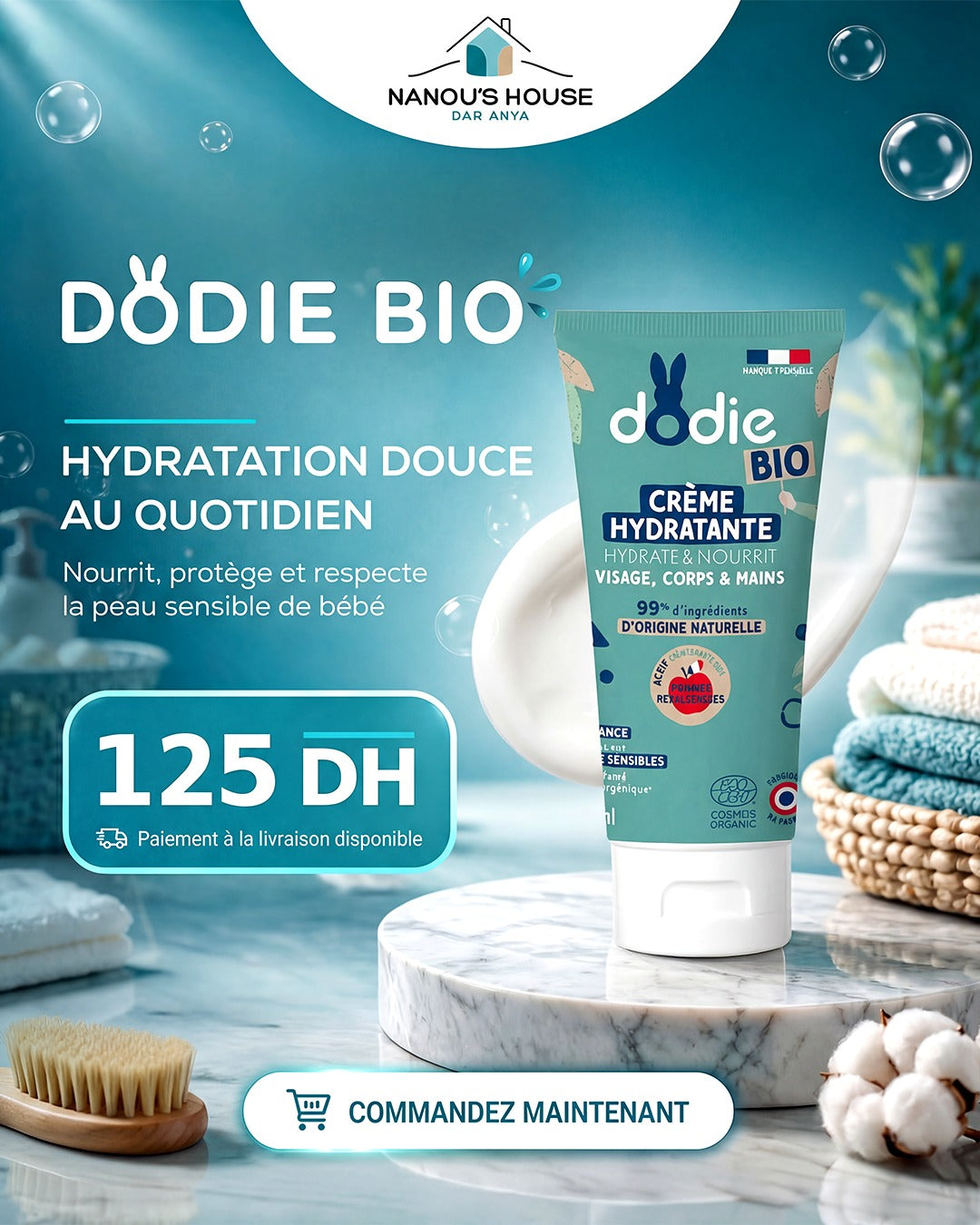 Tube 75ml de crème hydratante Dodie pour le visage, le corps et les mains de bébé au Maroc 