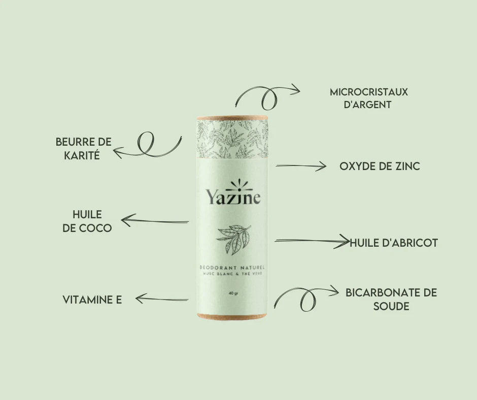 Déodorant naturel Yazine microcristaux d’argent parfum Musc Blanc et Thé Vert – disponible chez Nanou’s House Maroc