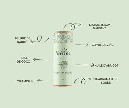 Déodorant naturel Yazine microcristaux d’argent parfum Musc Blanc et Thé Vert – disponible chez Nanou’s House Maroc