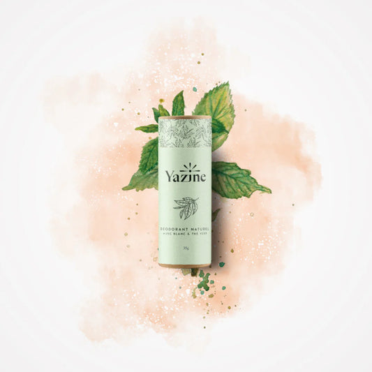 Déodorant naturel Yazine microcristaux d’argent parfum Musc Blanc et Thé Vert – disponible chez Nanou’s House Maroc
