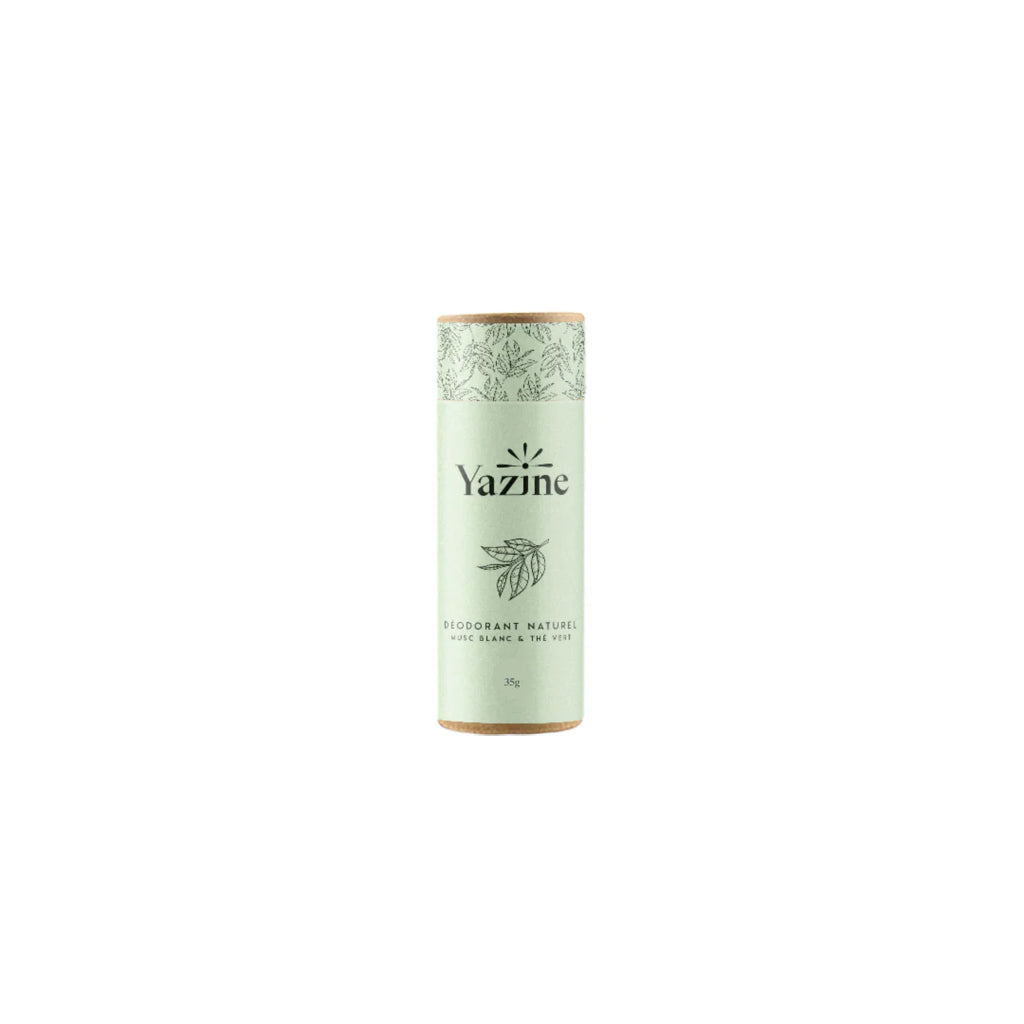 Déodorant naturel Yazine microcristaux d’argent parfum Musc Blanc et Thé Vert – disponible chez Nanou’s House Maroc