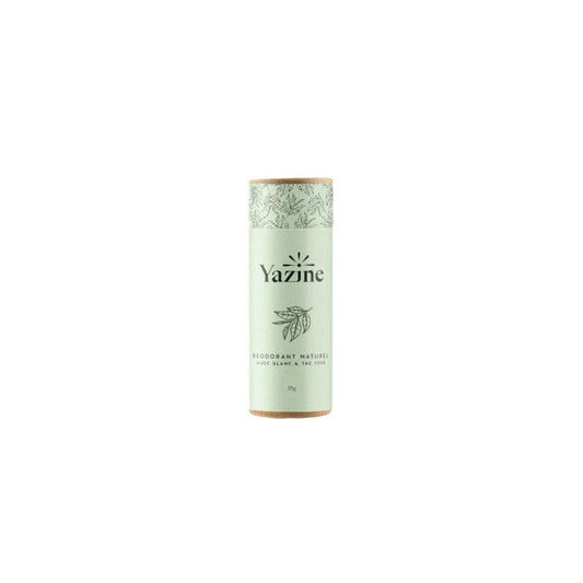 Déodorant naturel Yazine microcristaux d’argent parfum Musc Blanc et Thé Vert – disponible chez Nanou’s House Maroc