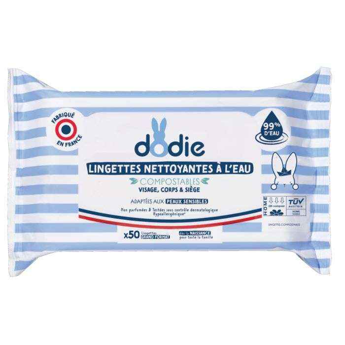 Lingettes Bébé à l'Eau Dodie 3-en-1 (Visage, Mains, Siège) - Paquet 50 lingettes
