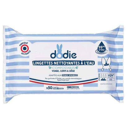 Lingettes Bébé à l'Eau Dodie 3-en-1 (Visage, Mains, Siège) - Paquet 50 lingettes