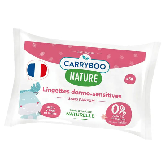 Lingettes bébé naturelles Carryboo dermo-sensitives – paquet de 58 pièces – hygiène douce pour peau sensible – livraison au Maroc
