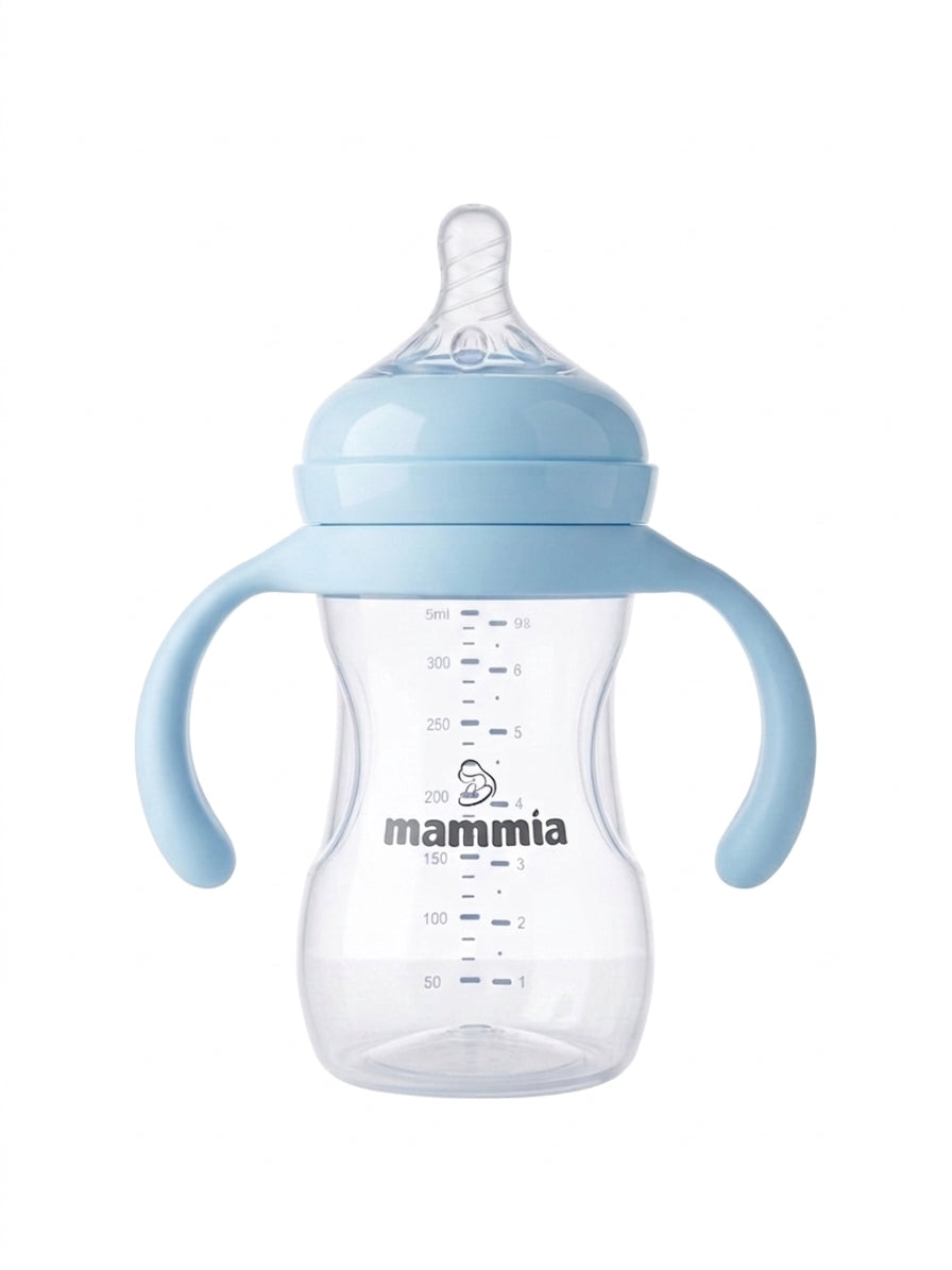 Mammia Biberon Natural Feeling à poignées 240ml bleu anti-colique dès 3 mois