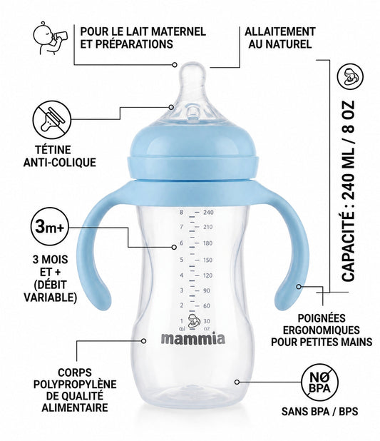 Mammia Biberon Natural Feeling à poignées 240ml rose anti-colique dès 3 mois