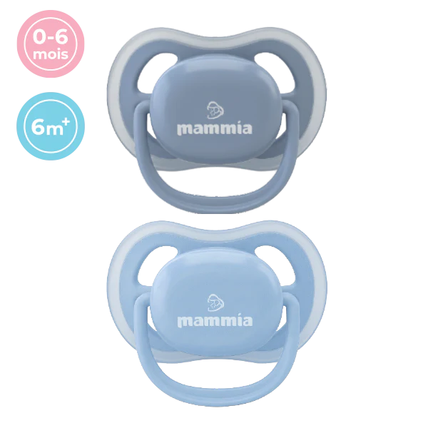 Mammia Pack 2 sucettes orthodontiques Natural Feeling 0-6 mois bleu ciel et bleu gris sans BPA