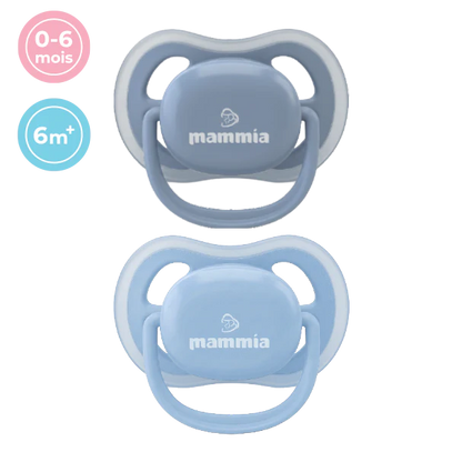Mammia Pack 2 sucettes orthodontiques Natural Feeling 0-6 mois bleu ciel et bleu gris sans BPA