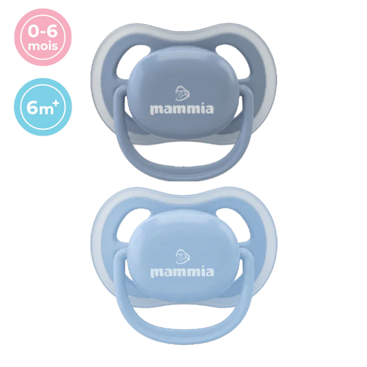 Mammia Pack 2 sucettes orthodontiques Natural Feeling 0-6 mois bleu ciel et bleu gris sans BPA
