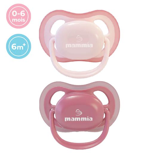 Mammia Pack 2 sucettes orthodontiques Natural Feeling 0-6 mois rouge rosé et ecru silicone sans BPA