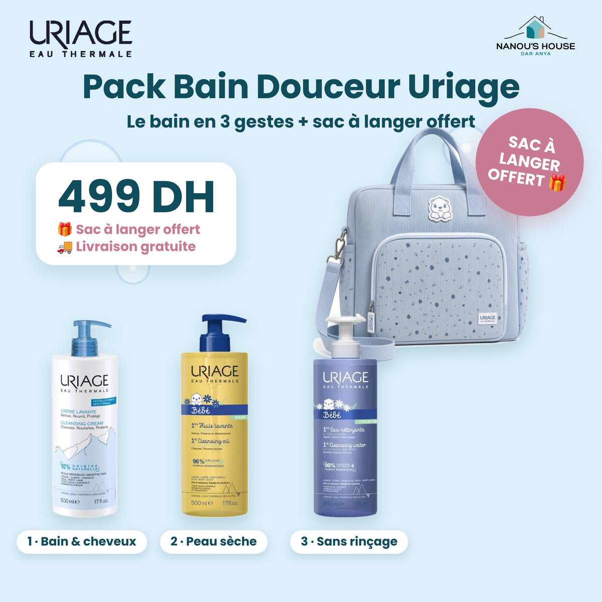 Pack Bain Douceur Uriage Bébé avec sac à langer offert – Crème lavante, Huile lavante bébé 500ml, Eau nettoyante bébé 500ml – Nanou's House Maroc