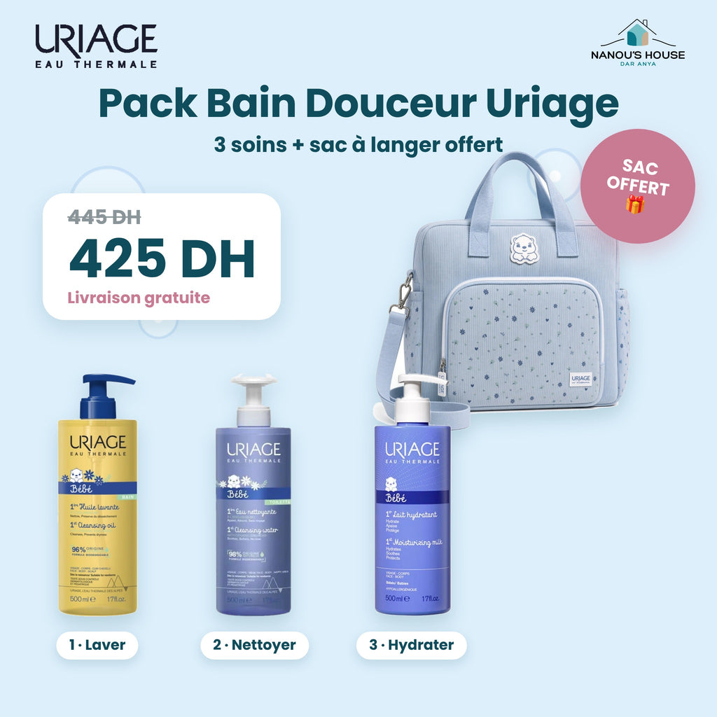 Pack Bain Douceur Uriage Bébé avec sac à langer offert – Huile lavante, Eau nettoyante, Lait hydratant 500ml – Nanou's House Maroc