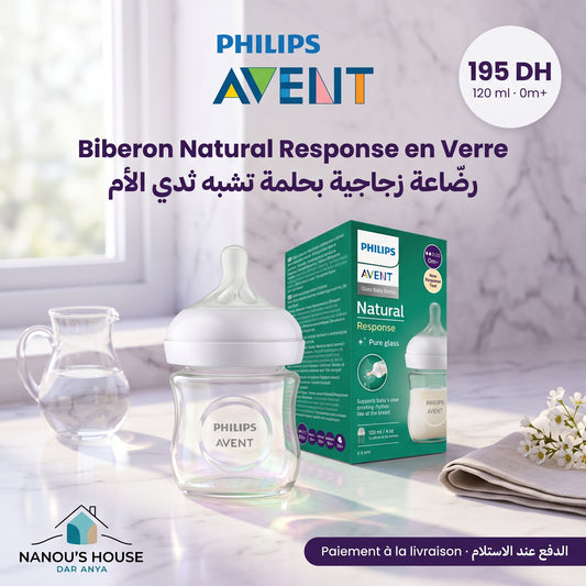 Biberon en verre Philips Avent Natural Response 120 ml, tétine 0 mois+, avec sa boîte – prix et paiement à la livraison | Nanou's House