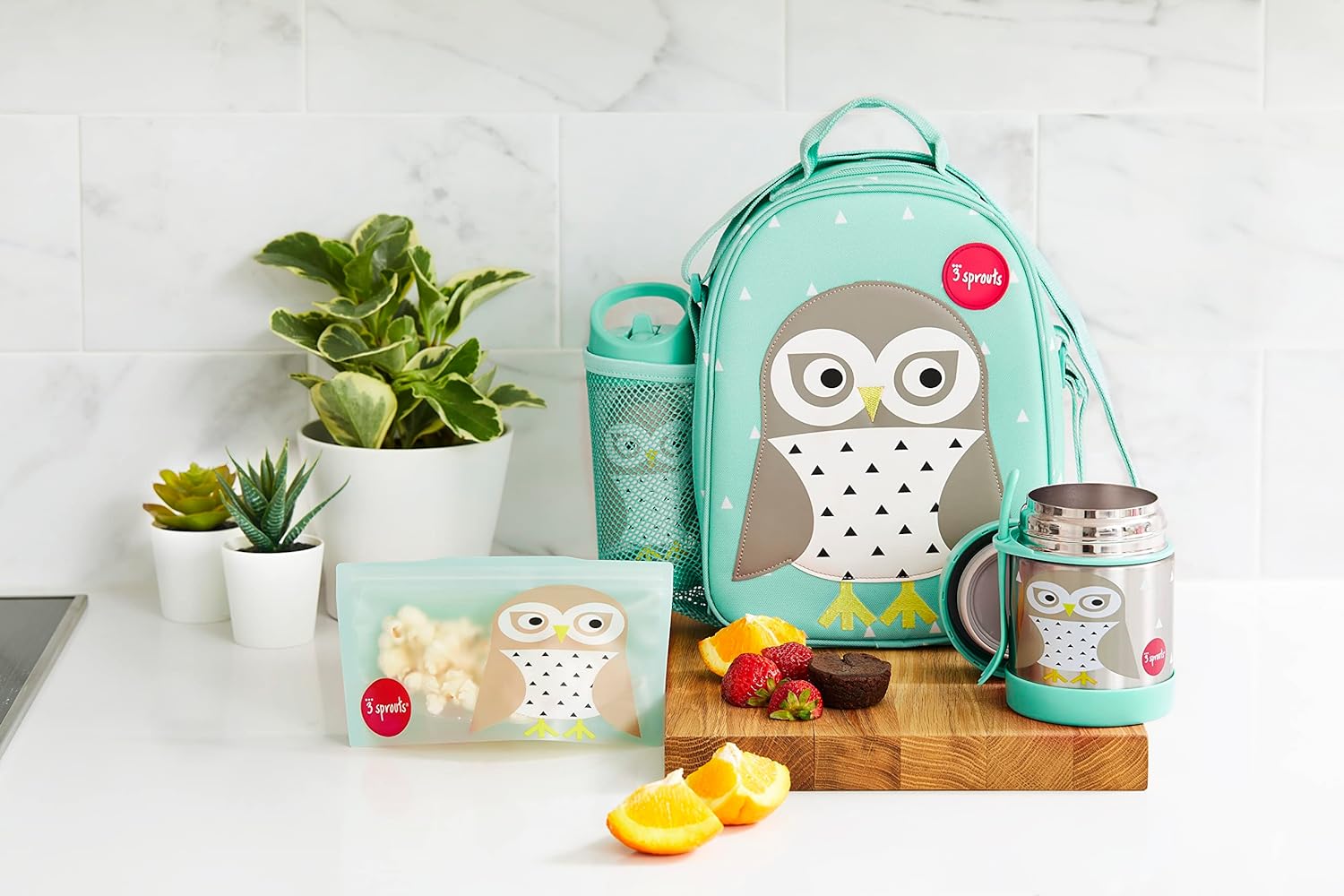 Sac isotherme lunch bag enfant 3 Sprouts motif hibou vert eau nanoushouse